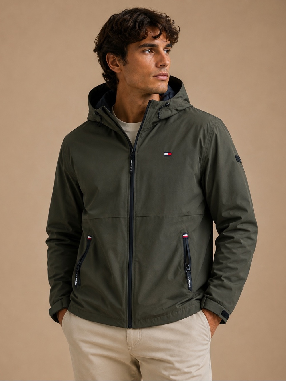 Tommy Hilfiger Olive Green Hooded Water Resistant Stretch Jacket